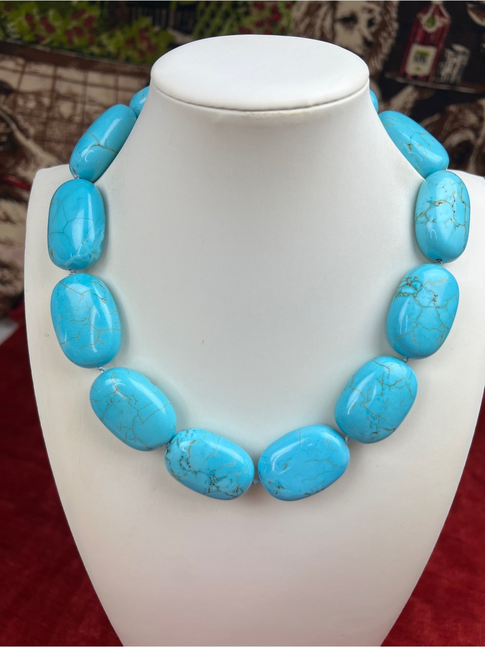 Large Howlite 925 Chunky Statement Bead Necklace 18”, Western Native Hand Knot